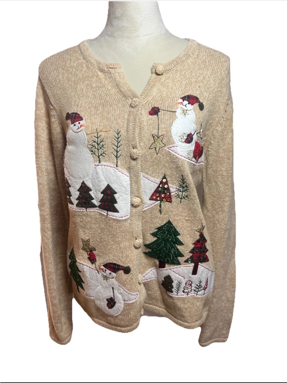 Vintage 90s Christmas Sweater M Snowman Xmas Tree Chunky Knit Cotton Cardigan